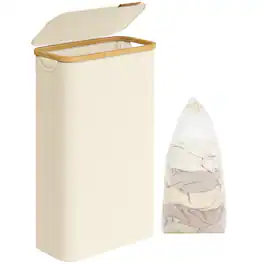 Songmics Home - Laundry Basket with Lid, Slim, 65L, Space-Saving, Removable Mesh Liner, Oxford Fabric, Bamboo Handles, Collapsible - Cream White