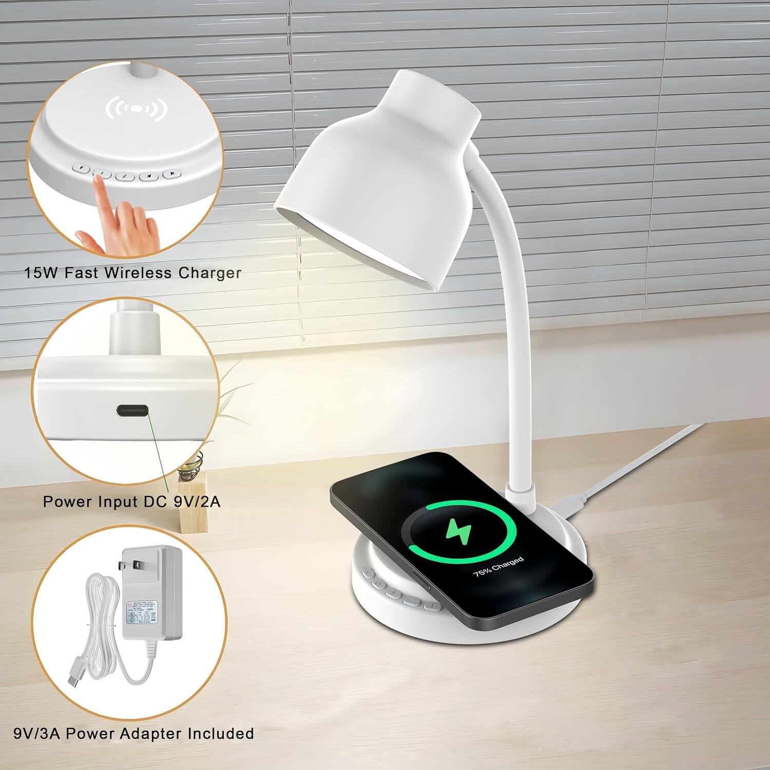 15W Fast Wireless Charger  
Power Input DC 9V/2A  
76% Charged  
9V/3A Power Adapter Included