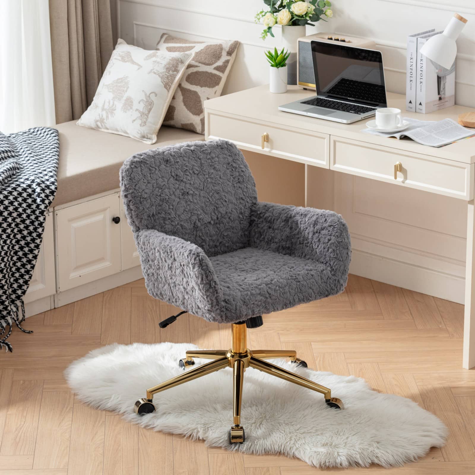 GOODSILO - Premium Adjustable Swivel Office Chair with Golden Metal Base and Plush Velvet Upholstery for Home or Office Use - Gray