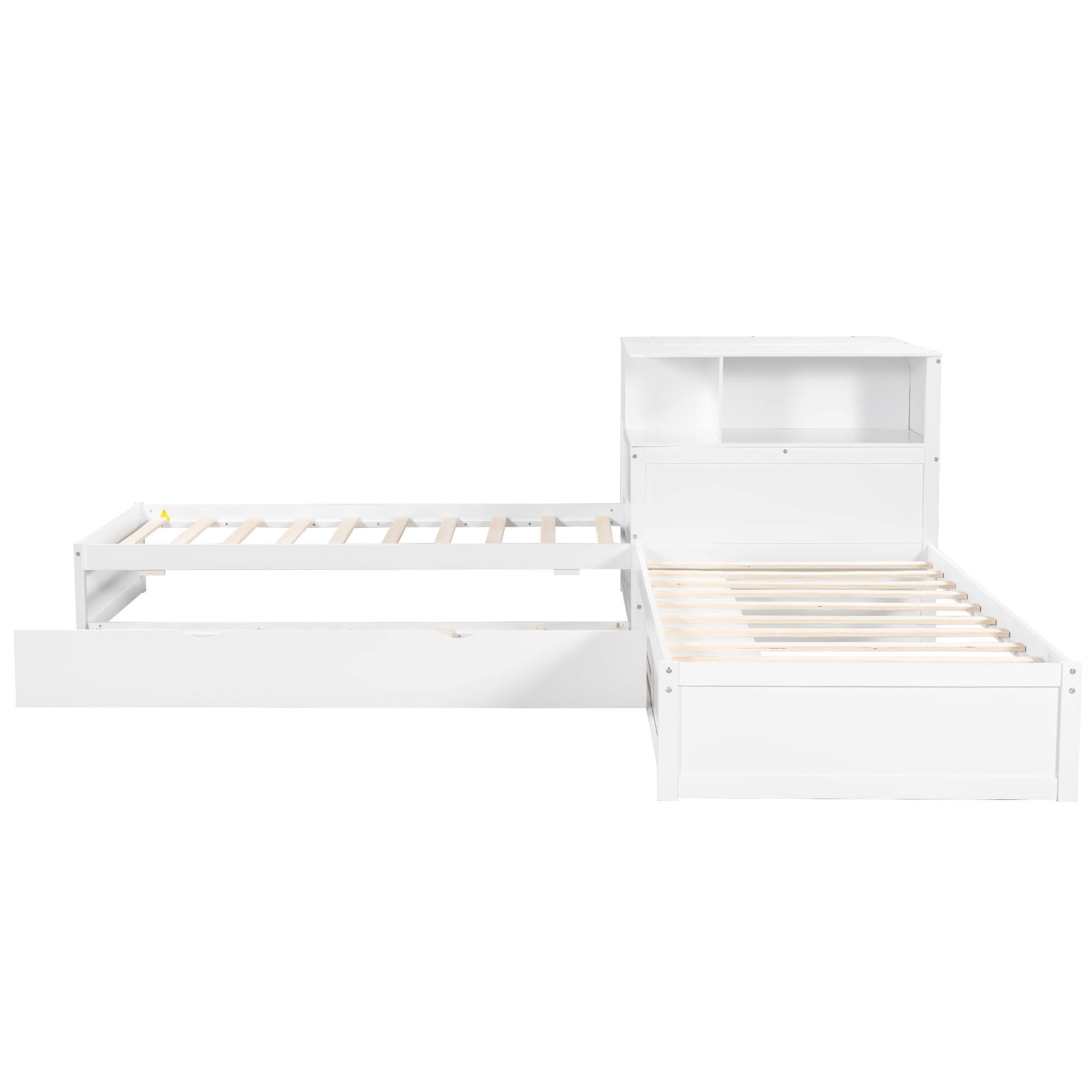 Alt View 2. Whisen - L-Shaped Twin Platform Bed with Trundle, Built-in Desk, Storage Cabinets & LED Lights, Wood Frame - White.