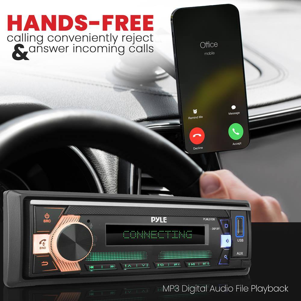 HANDS-FREE calling conveniently reject & answer incoming calls

Office mobile

Remind Me Message Decline Accept

PYLE PLMLS100

CONNECTING

MP3 Digital Audio File Playback