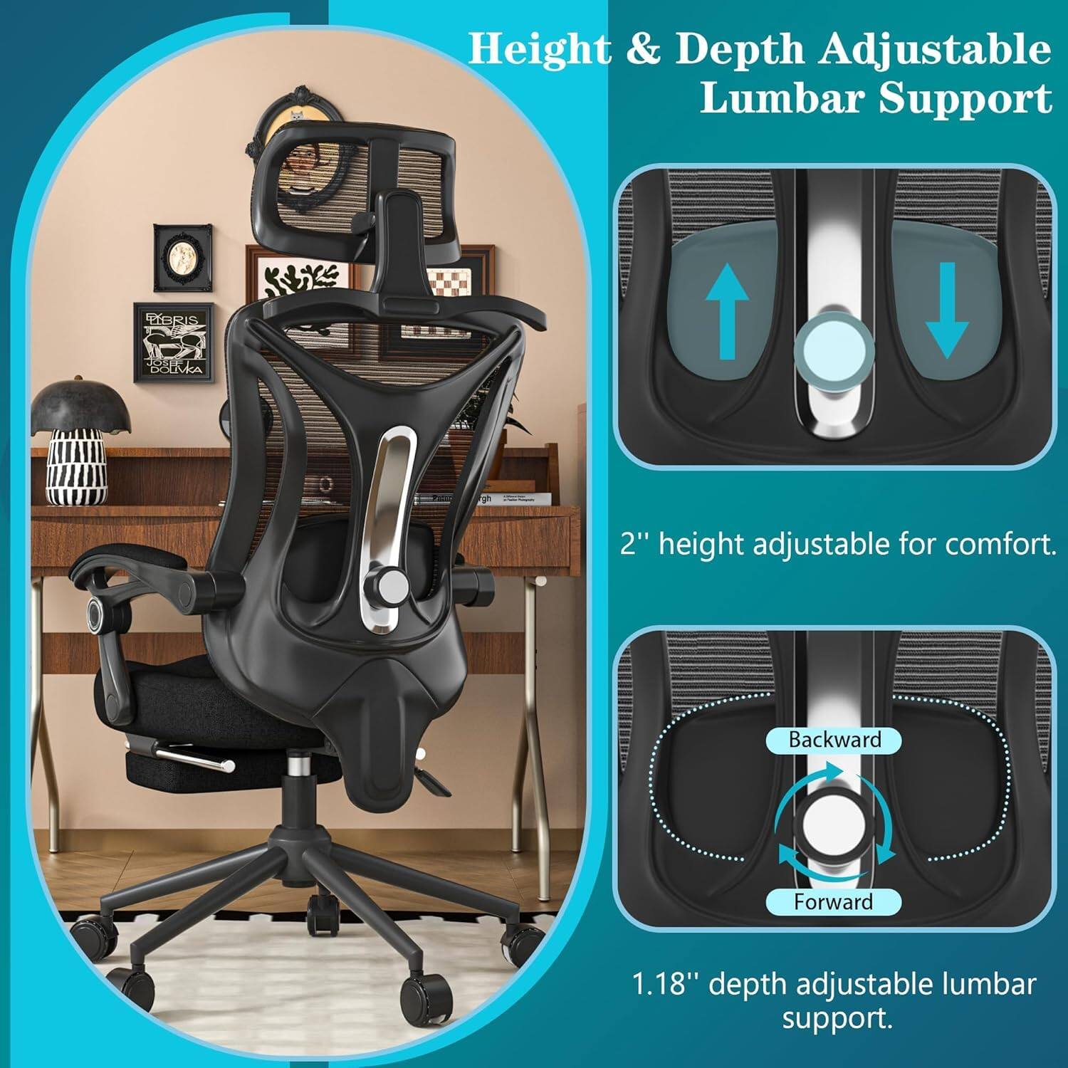 Height & Depth Adjustable Lumbar Support

2" height adjustable for comfort.

1.18" depth adjustable lumbar support.