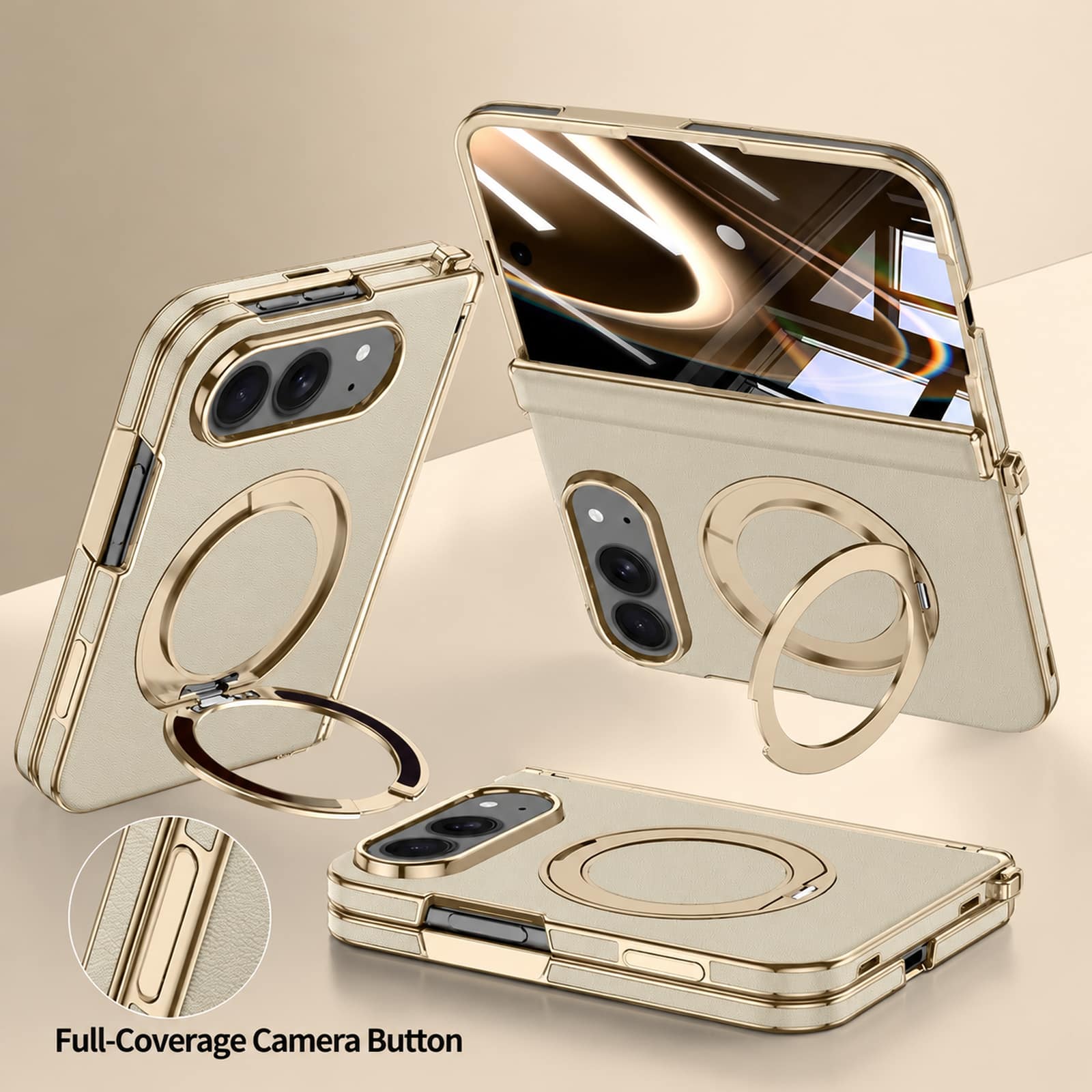 Dteck - Magnetic Case for iPhone Duo Built-in Screen Protector, Ring Kickstand Luxury Leather Plating Edge Cover With Hinge - Gold