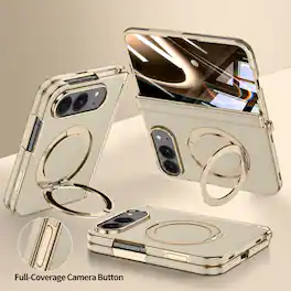 Dteck - Magnetic Case for iPhone Duo Built-in Screen Protector, Ring Kickstand Luxury Leather Plating Edge Cover With Hinge - Gold
