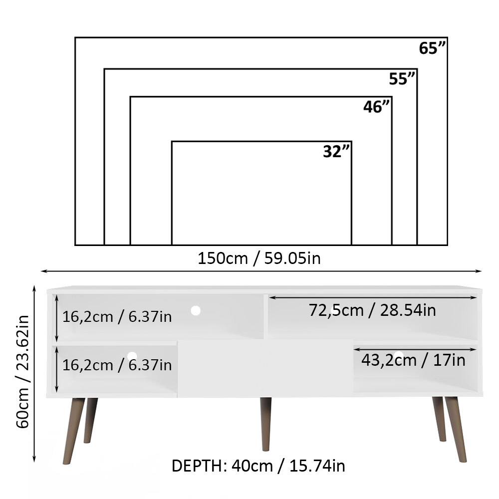 - 65"
- 55"
- 46"
- 32"
- 150cm / 59.05in
- 72.5cm / 28.54in
- 43.2cm / 17in
- 16.2cm / 6.37in
- 16.2cm / 6.37in
- 60cm / 23.62in
- DEPTH: 40cm / 15.74in