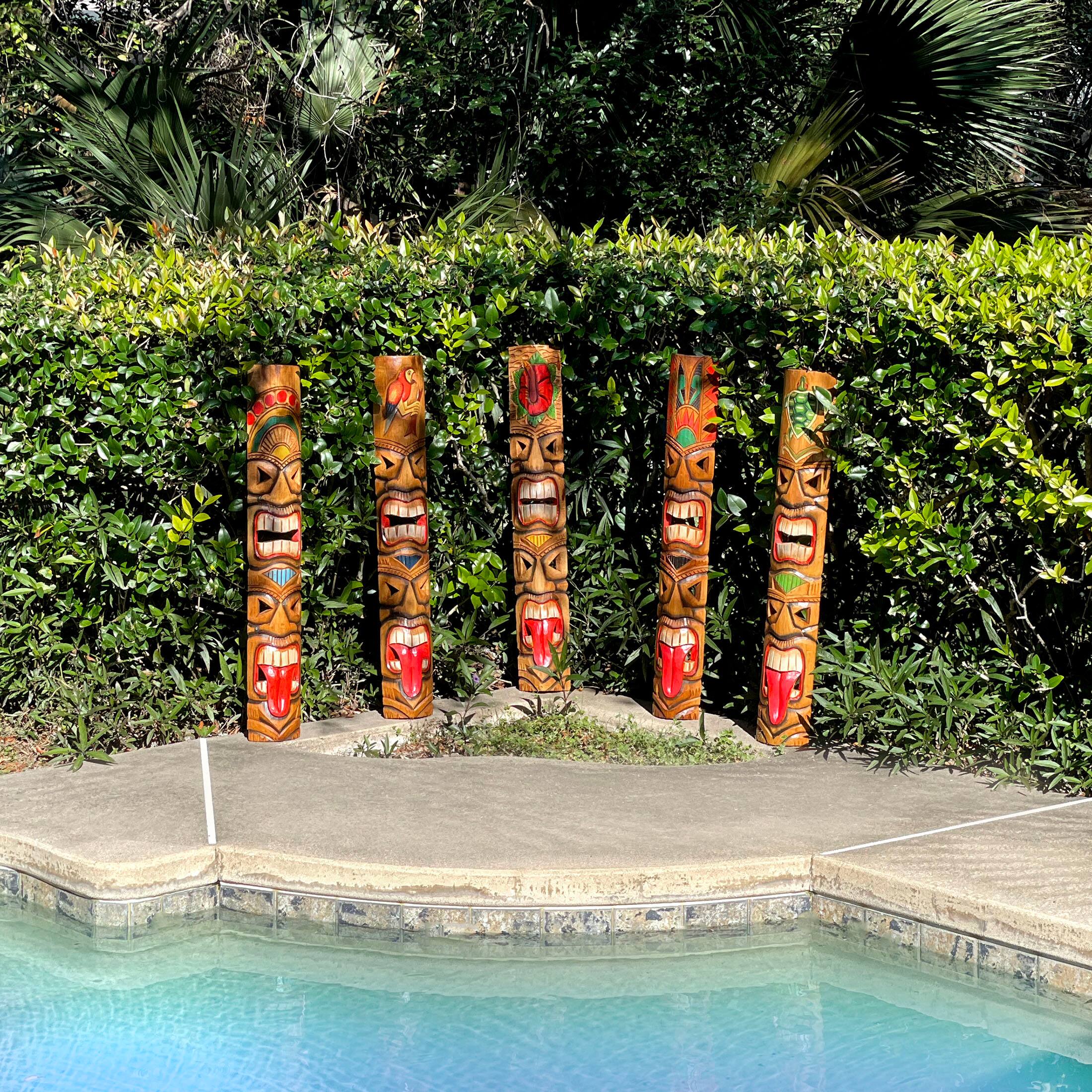 Alt View 3. Zeckos - Set of 5 Double Tiki Mask Totem Wall Decor Hand Carved Tribal Sculpture 40 Inch - Multicolored.