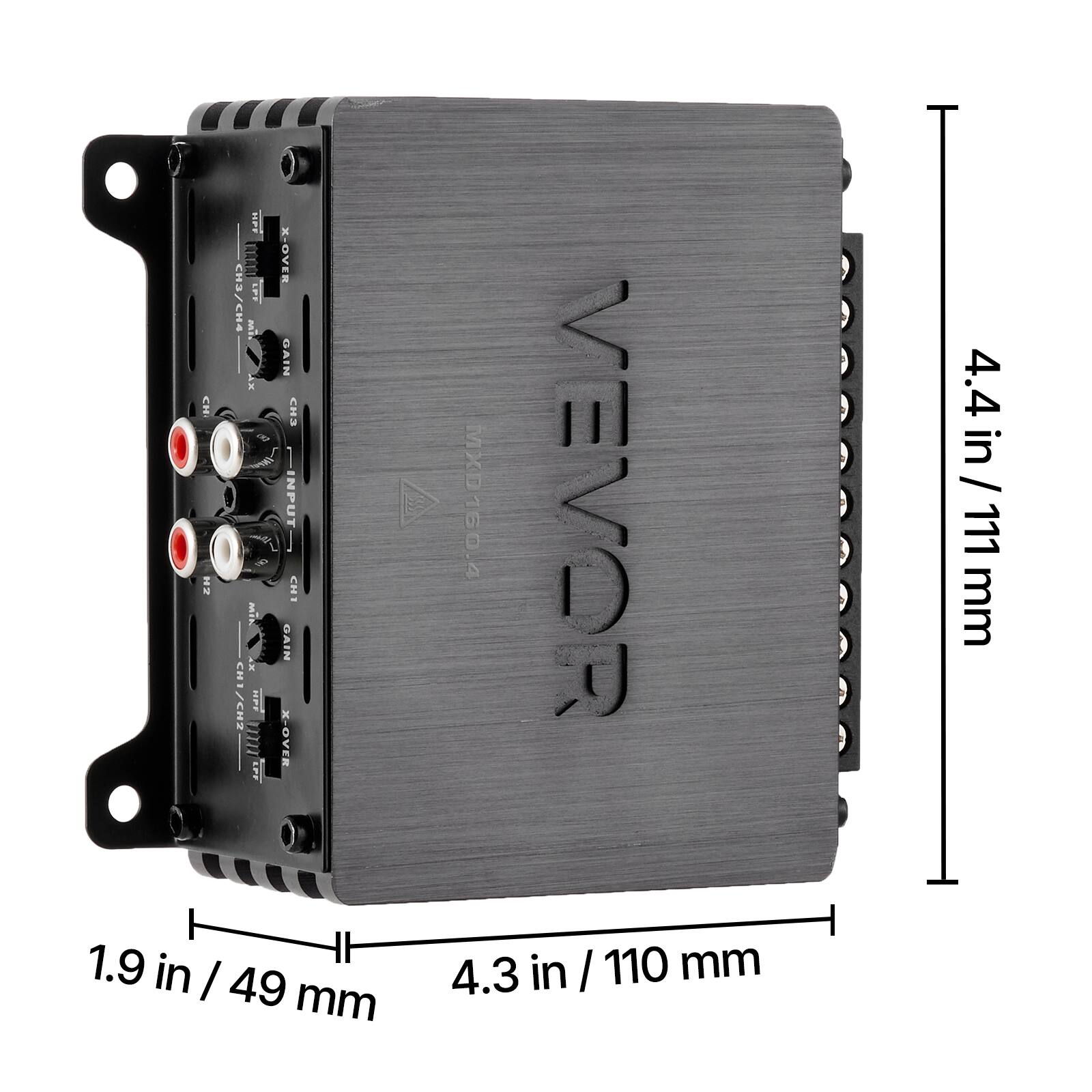 PE X-OVER CH1/CH4 LPE Ma GAIN XY CH CH3 NPUT IHD MID I OAIN i IHD HS/1H an L X-OVER LPE 1.9 in I 49 mm XD160.4 MEMOR 4.3 in I 110 mm 4.4 4.4 in / 111 mm
