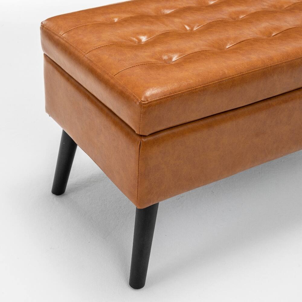Left. Ropilly - Ropilly 43.3 Inch Brown Leather Storage Bench End of Bed Ottoman Entryway Bench with Wood Legs - Brown.