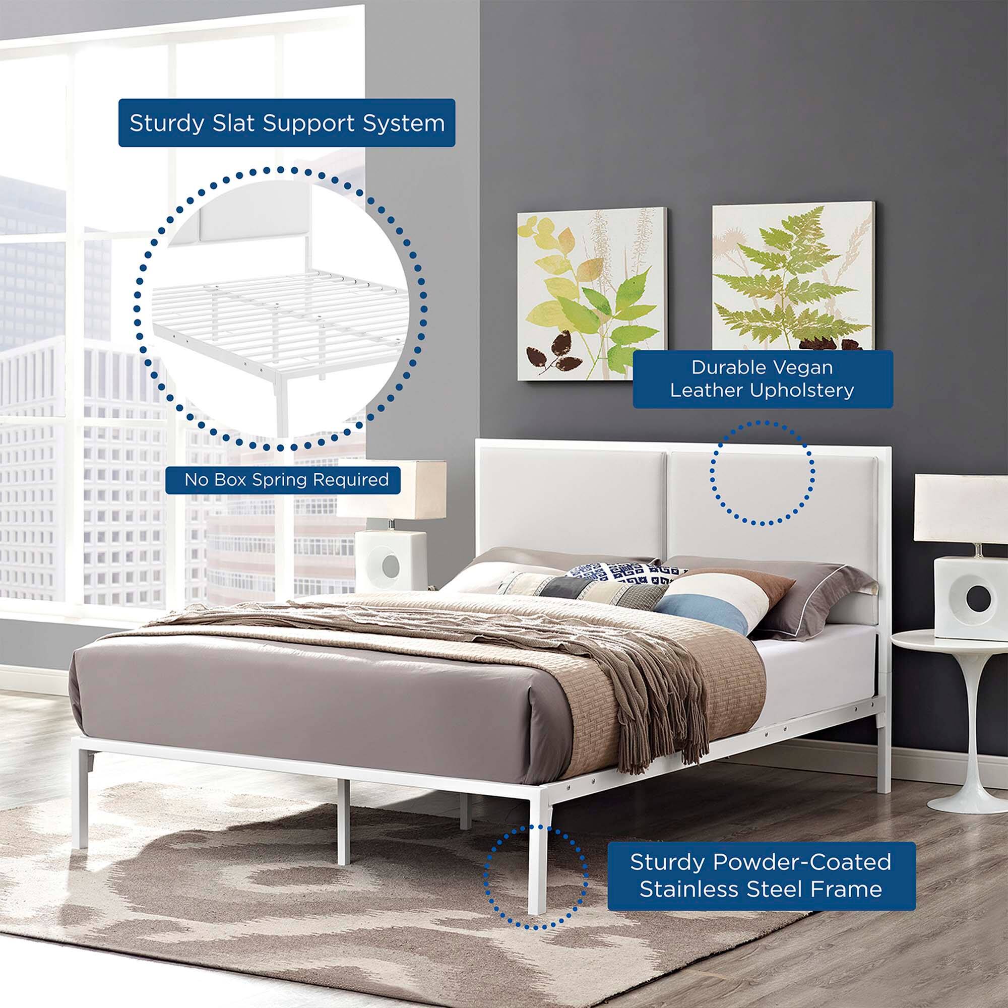 - Sturdy Slat Support System
- No Box Spring Required
- Durable Vegan Leather Upholstery
- Sturdy Powder-Coated Stainless Steel Frame