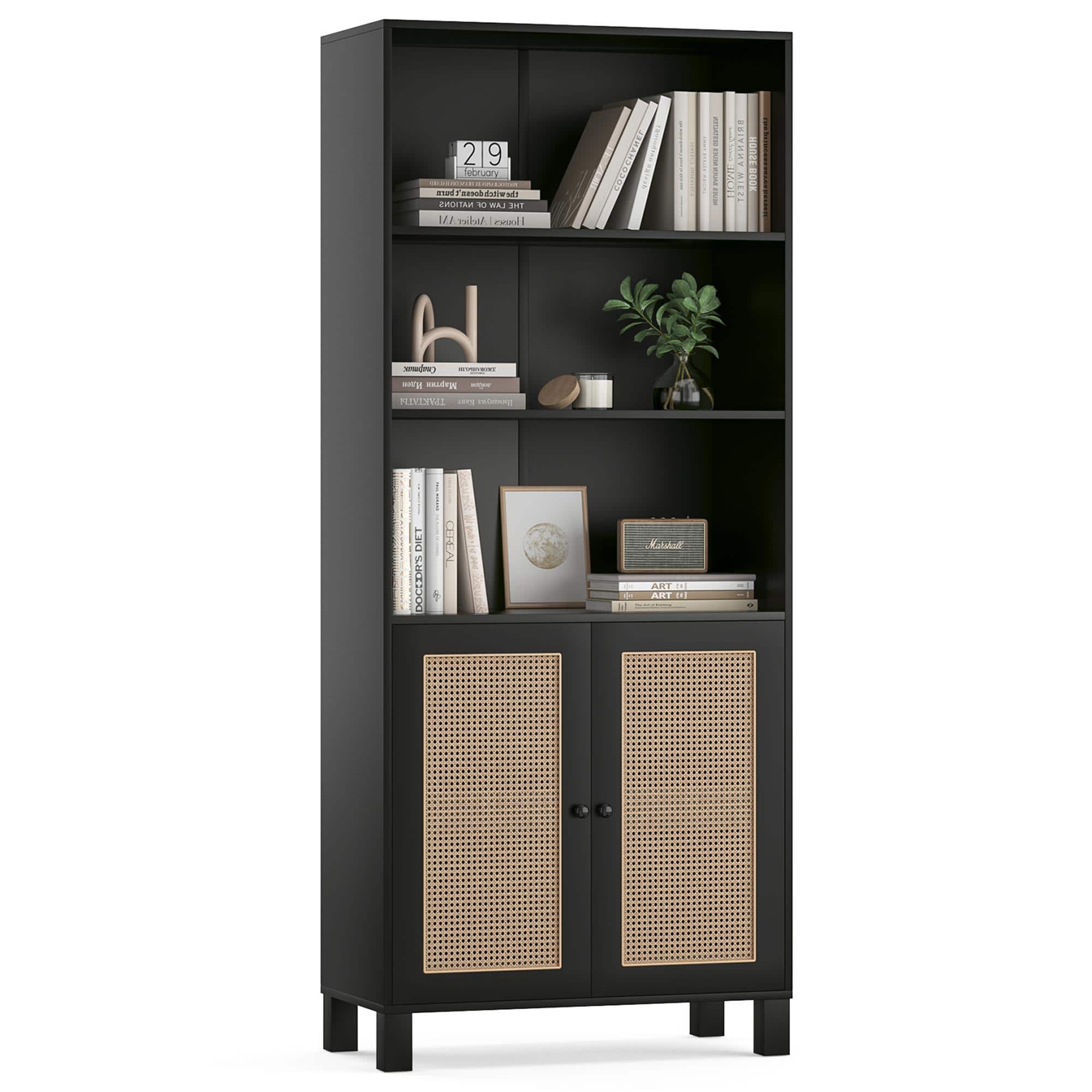 Boyel Living - Tall Bookcase with Rattan Doors 5 Tier Storage Wood Shelves Large Bookshelf - Black