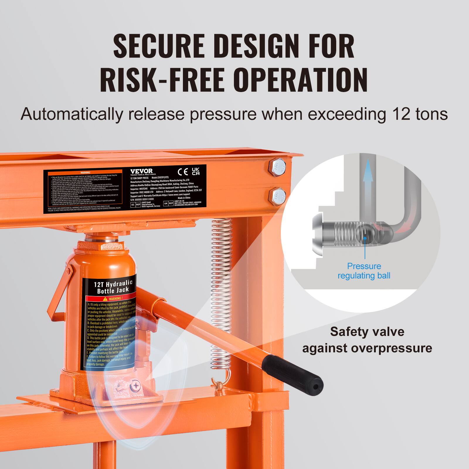 SECURE DESIGN FOR RISK-FREE OPERATION  
Automatically release pressure when exceeding 12 tons

- I : UK VEVOR CE CH - - - i - - - - -. - Ai - - - - - - - -  - - - -- - - - - - - - - - - I - - - - - - - - - - - - .. .... - - : I 5 -  I 12T Hydraulic Bottle Jack A BLEADNE - d A i - -img - A - i te - p - - - - . Siding de - - - a - - spmer oto - - - to ! . Aaal - an u . a camae . - M  L - - dua - - - - a - L - I   -a - - - suue - - - - . - dra do T a  -  - - -e - - potr - - du - s -  - - - - Ar - - -an

Pressure regulating ball  
Safety valve against overpressure