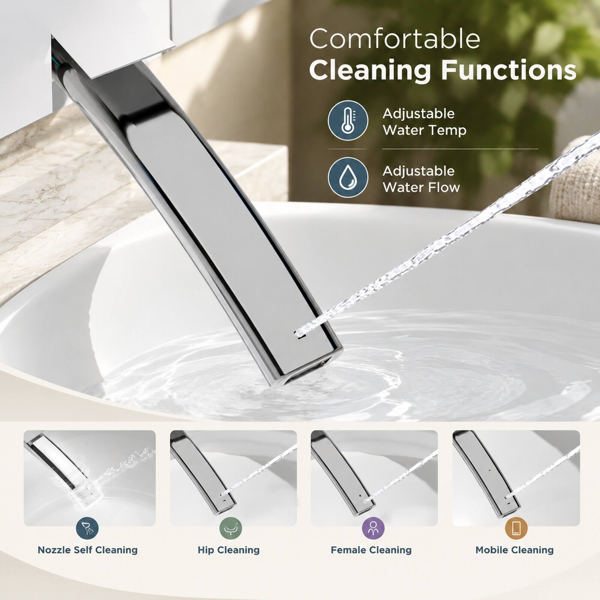 Comfortable Cleaning Functions
- Adjustable Water Temp
- Adjustable Water Flow
- Nozzle Self Cleaning
- Hip Cleaning
- Female Cleaning
- Mobile Cleaning