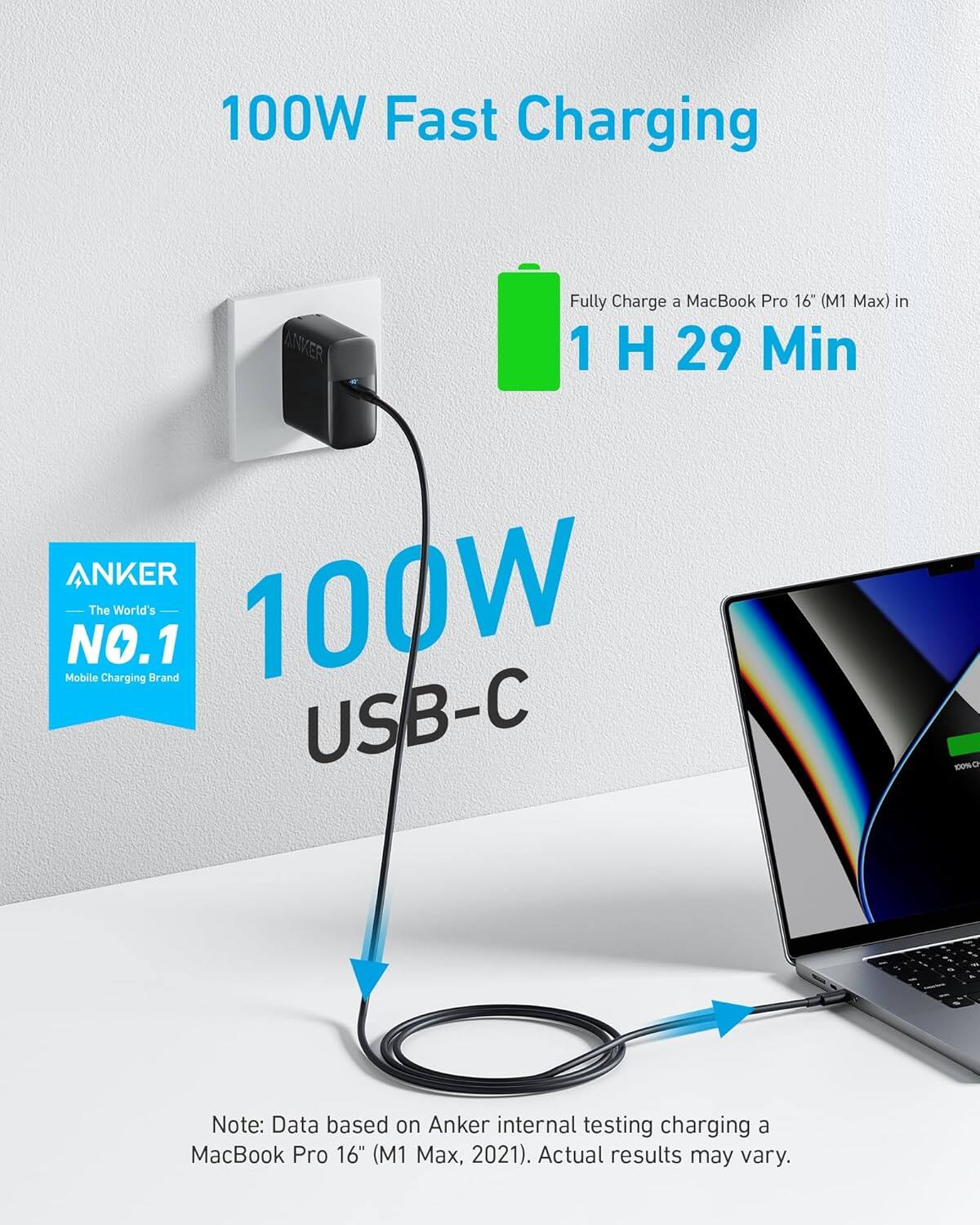 Anker MacBook Pro Charger, Compact and Foldable 100W Black A2672