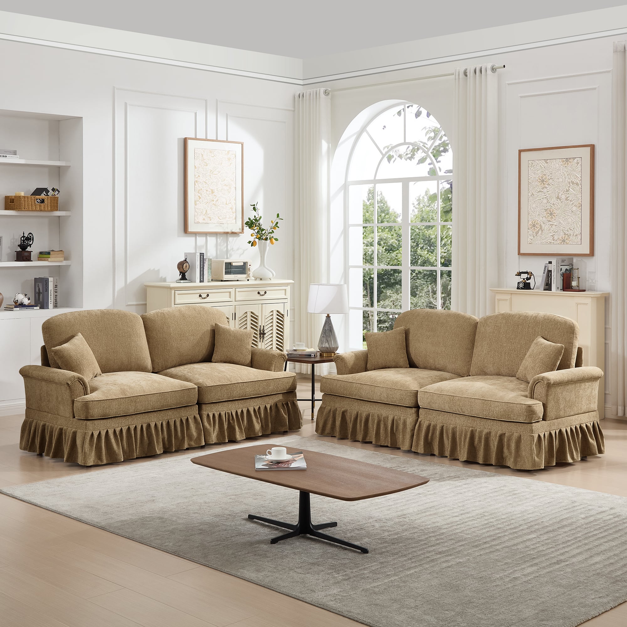 Anysun - Classic 2-Piece Chenille Sofa Set - Flared Arms, Ruffled Skirt & Spindle Legs (2+2 Seat Sofa) for Living Room - Coffee