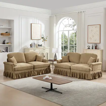 Front. Anysun - Classic 2-Piece Chenille Sofa Set - Flared Arms, Ruffled Skirt & Spindle Legs (2+2 Seat Sofa) for Living Room - Coffee.