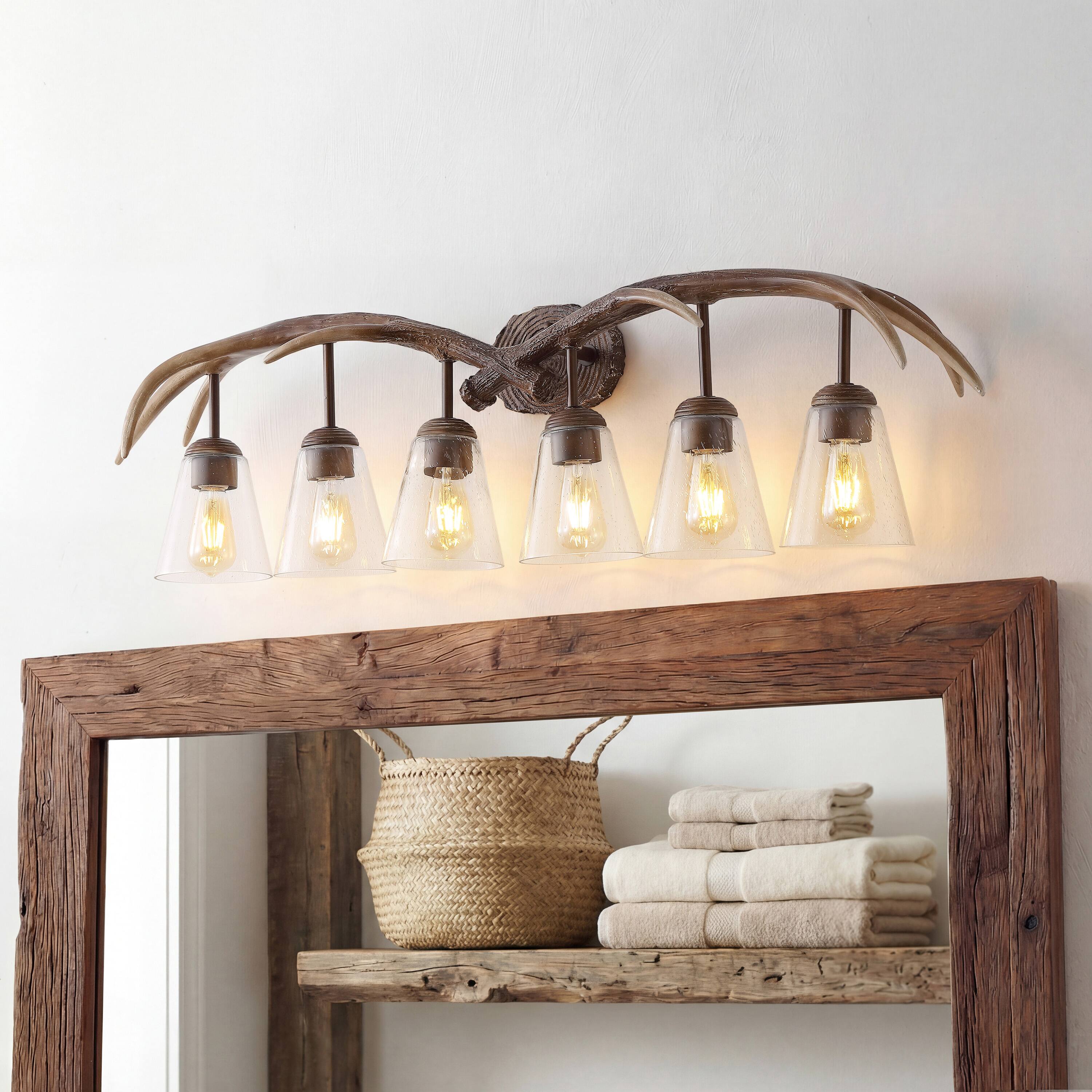 Alt View 1. Jonathan Y - Wyatt 45" 6-Light Southwestern Bohemian Resin/Seeded Glass Faux Antler LED Vanity Light, Brown Wood Finish - Brown Wood Finish.