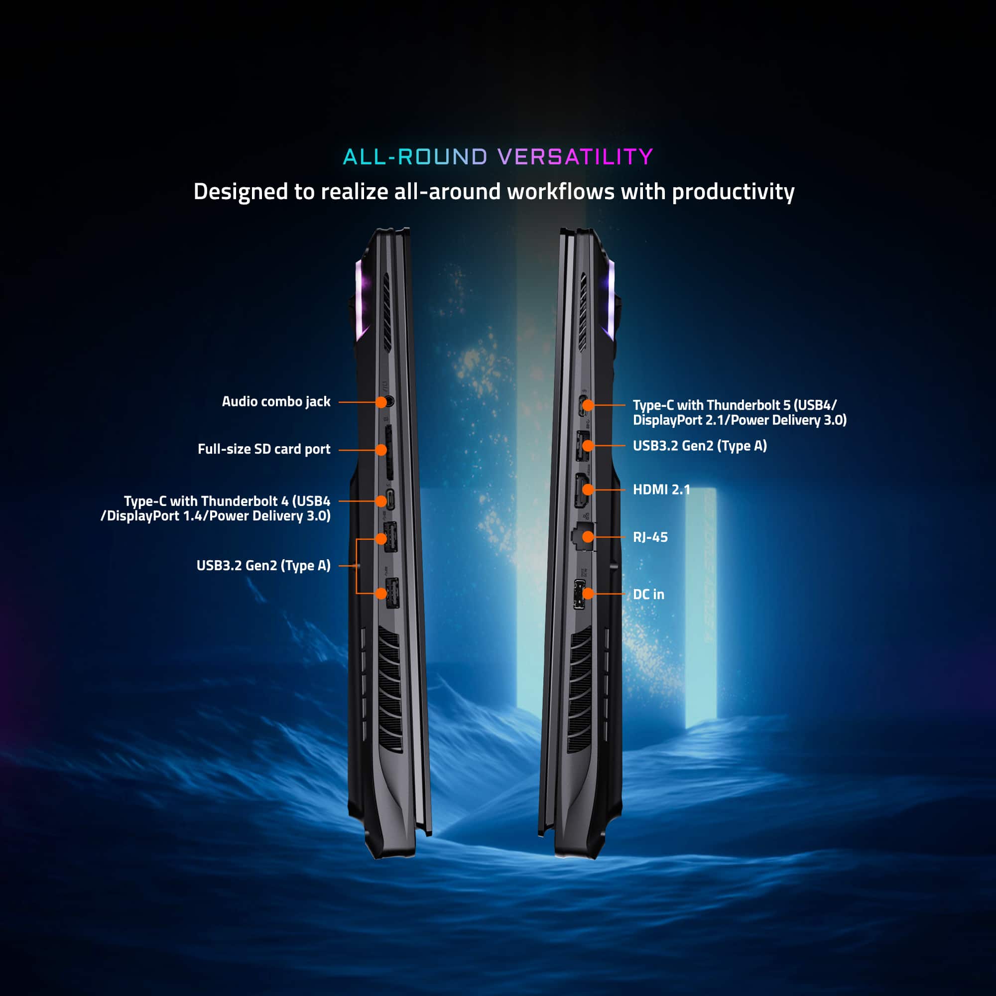 ALL-ROUND VERSATILITY
Designed to realize all-around workflows with productivity
Audio combo jack
Full-size SD card port
Type-C with Thunderbolt 4 (USB4/DisplayPort 1.4/Power Delivery 3.0)
USB3.2 Gen2 (Type A)
Type-C with Thunderbolt 5 (USB4/DisplayPort 2.1/Power Delivery 3.0)
USB3.2 Gen2 (Type A)
HDMI 2.1
RJ-45
DC in