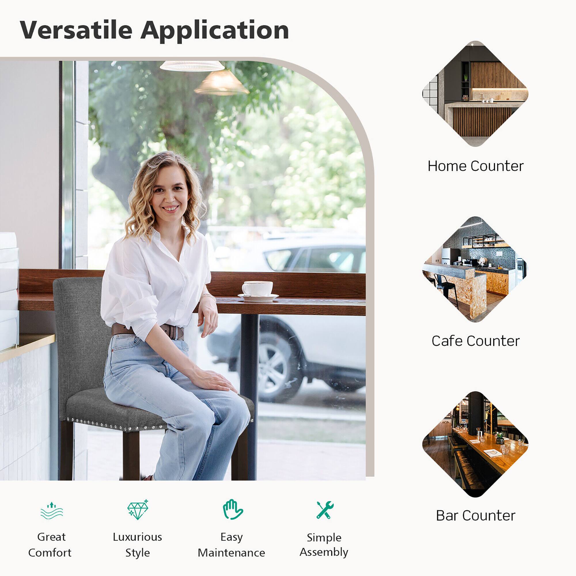 Versatile Application

Home Counter
Cafe Counter
Bar Counter

Great Comfort
Luxurious Style
Easy Maintenance
Simple Assembly