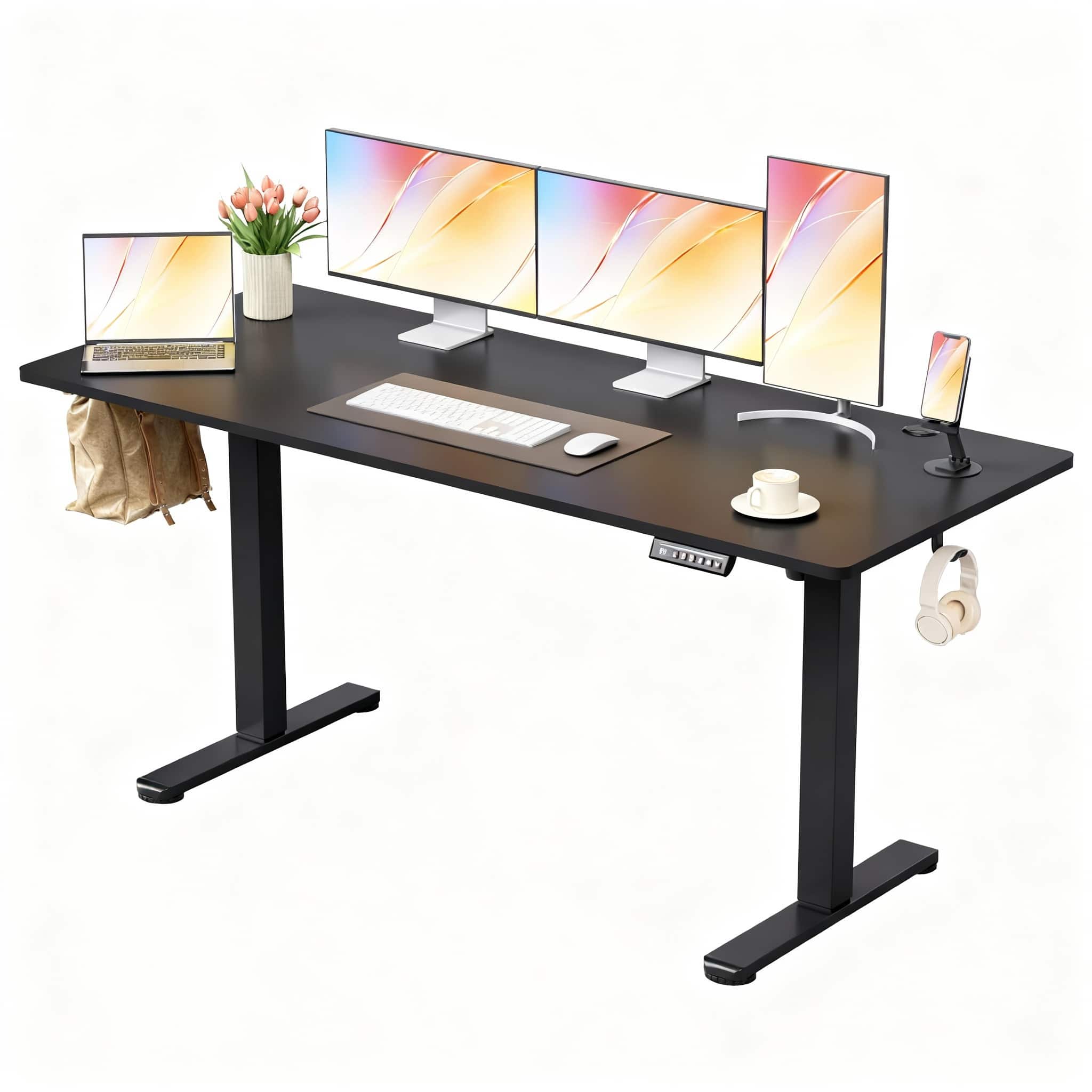 OMOMMD - Electric Height Adjustable Desk 155LBS Steel Frame 28-46" LED Memory 3-Monitor - Black 63 Inch