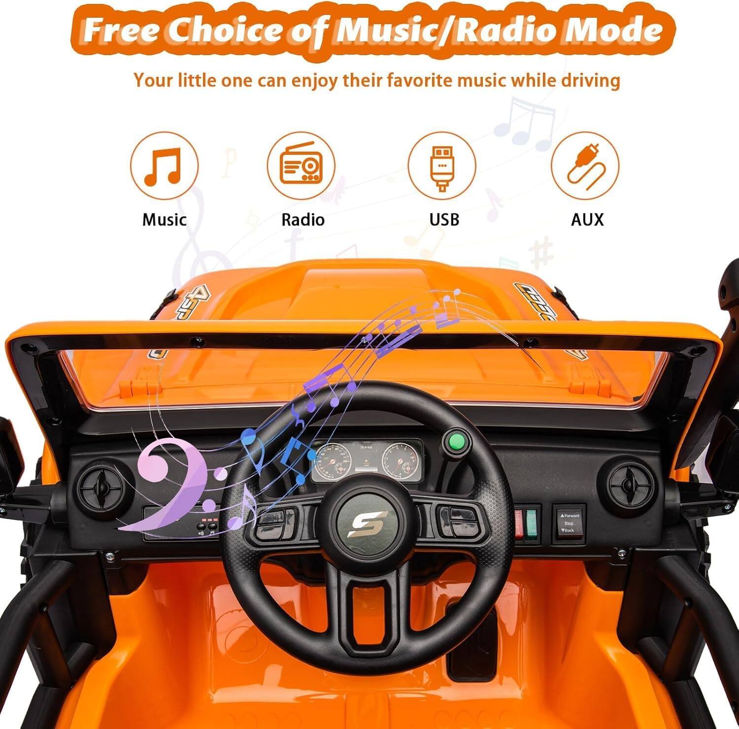 Free Choice of Music/Radio Mode  
Your little one can enjoy their favorite music while driving  

- Music  
- Radio  
- USB  
- AUX