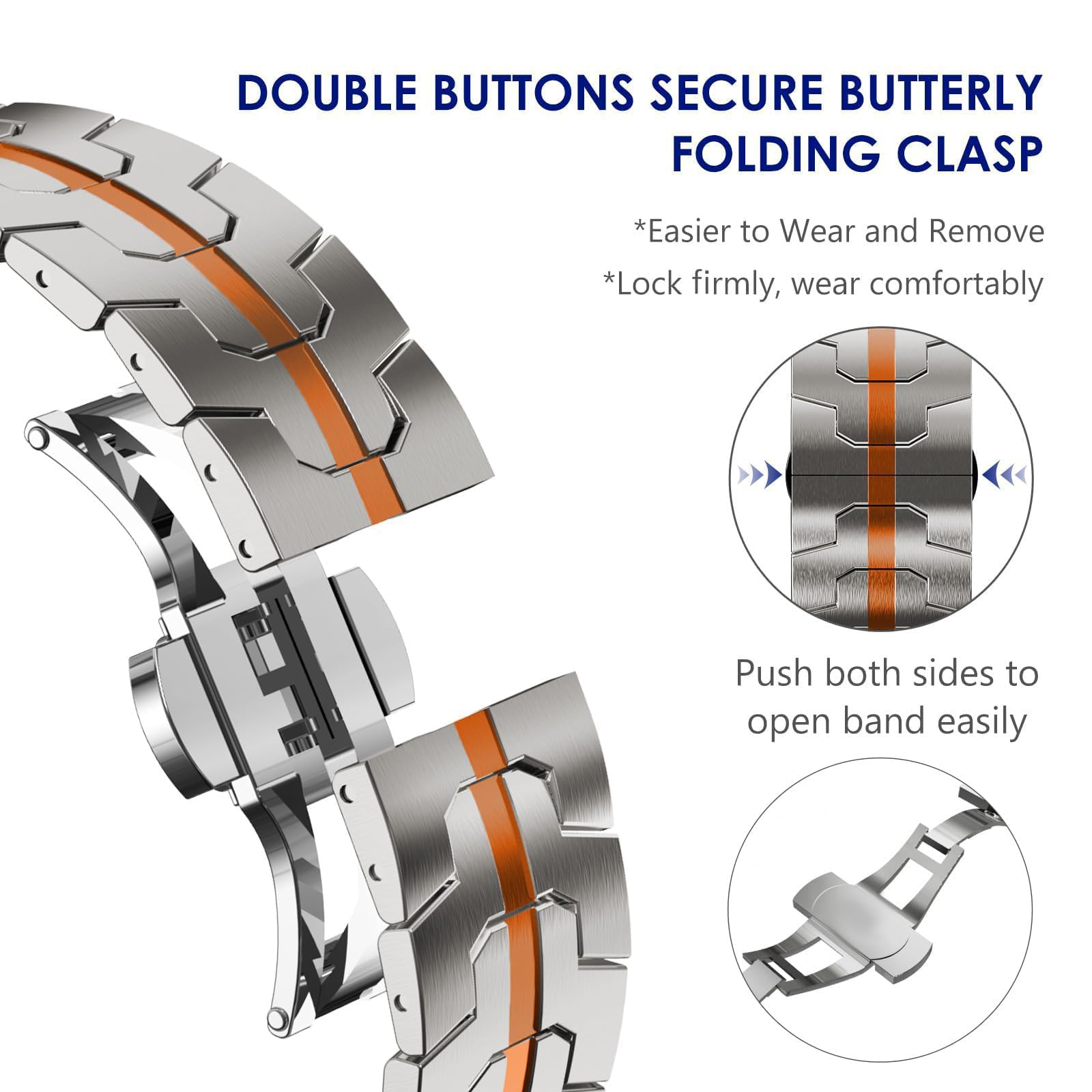 DOUBLE BUTTONS SECURE BUTTERFLY FOLDING CLASP

*Easier to Wear and Remove
*Lock firmly, wear comfortably

Push both sides to open band easily