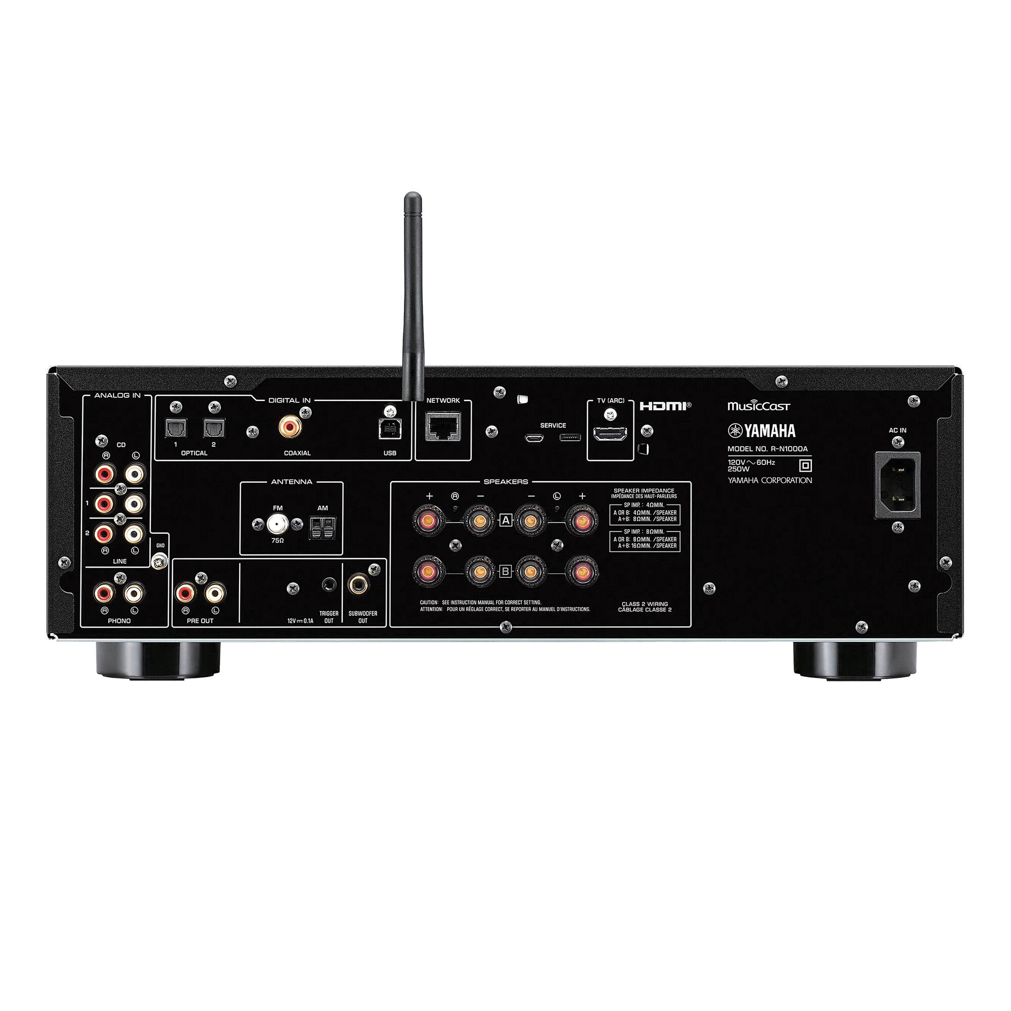 ANALOG IN  
CD  
OPTICAL  
DIGITAL IN  
COAXIAL  
USB  
NETWORK  
ANTENNA  
LINE  
PHONO  
PRE OUT  
SPEAKER  
TV ARC  
HDMI  
SERVICE  
AC IN  
YAMAHA  
MusicCast  
MODEL NO. R-N500DA  
100V - 700W  
YAMAHA CORPORATION  
MADE IN CHINA  
ATTENTION: USE ONLY YAMAHA AC ADAPTOR