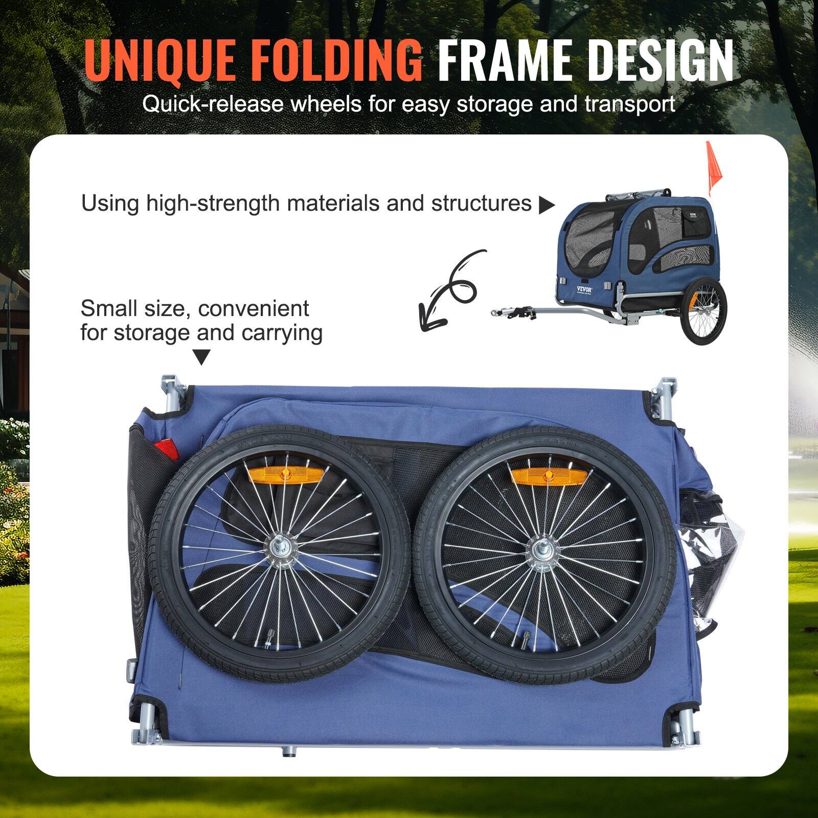 UNIQUE FOLDING FRAME DESIGN  
Quick-release wheels for easy storage and transport  

Using high-strength materials and structures  

Small size, convenient for storage and carrying