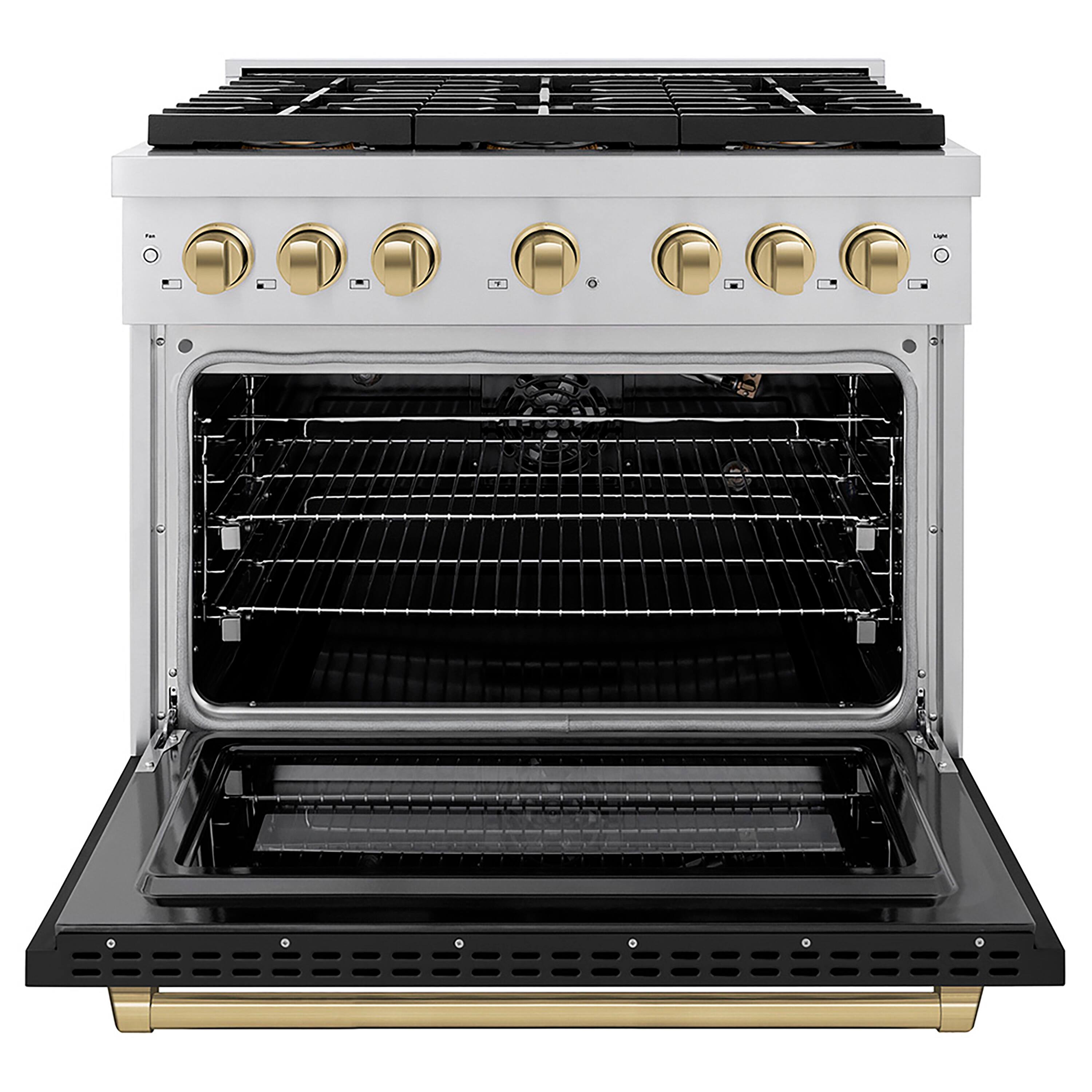 Angle. ZLINE - ZLINE Autograph 36 in. Paramount Dual Fuel Range w/ DuoPro Cooktop & Black Door w/ Bronze Accents (PSDRZ-BLM-36-CB) - Stainless Steel with Black Matte Door.