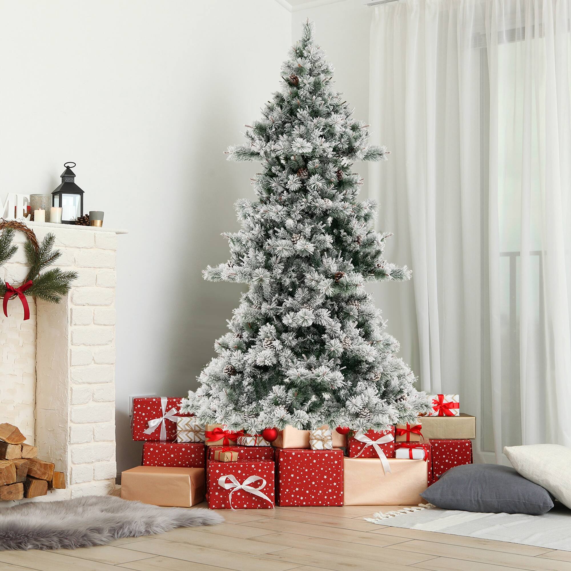 Alt View 12. Costway - 7 FT Flocked Christmas Tree Hinged Xmas Decoration with 420 LED Lights & 1057 Tips - Green/White.