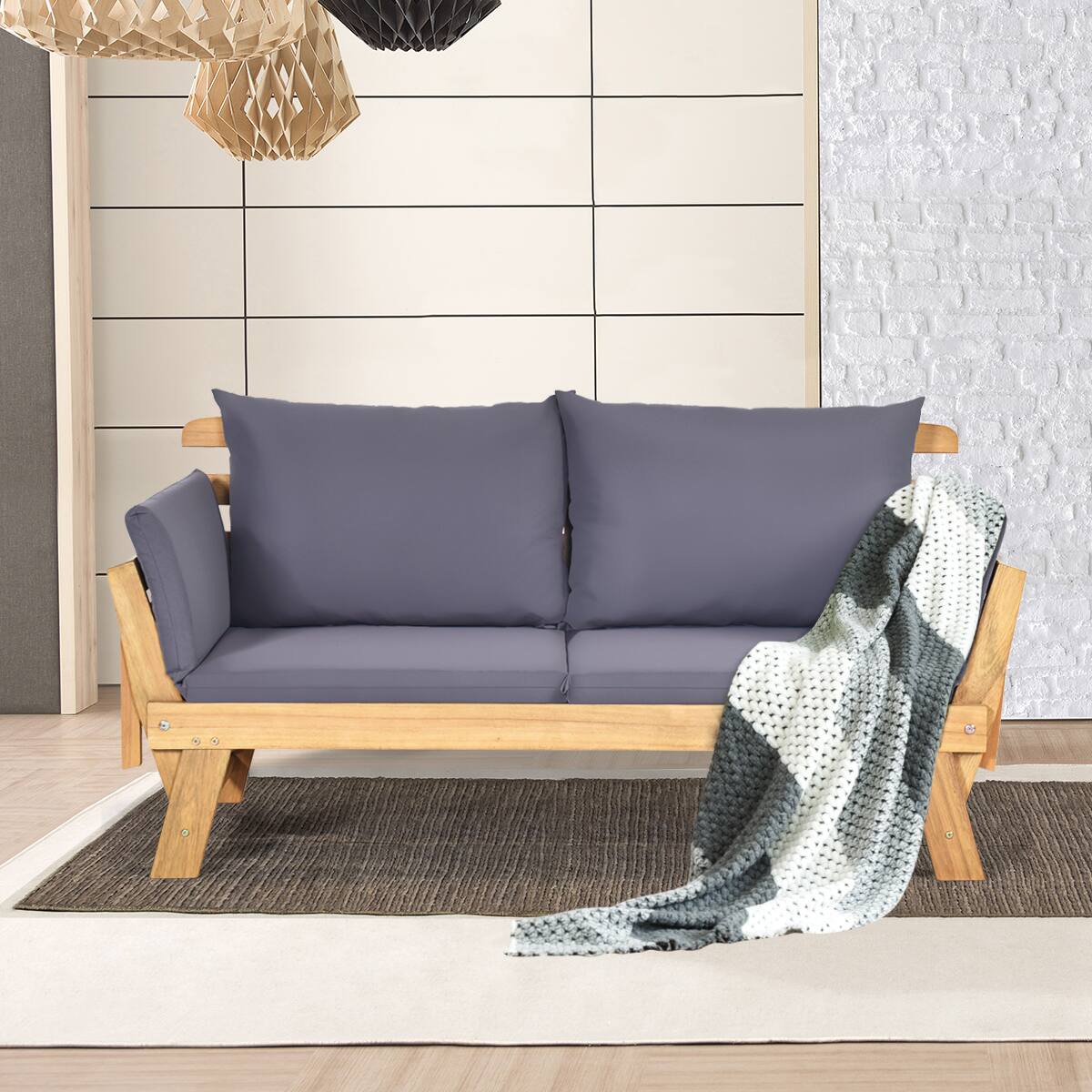 Alt View 3. Costway - Costway Patio Sofa Daybed Wood Adjustable Furniture W/Thick Cushion - Dark Grey.