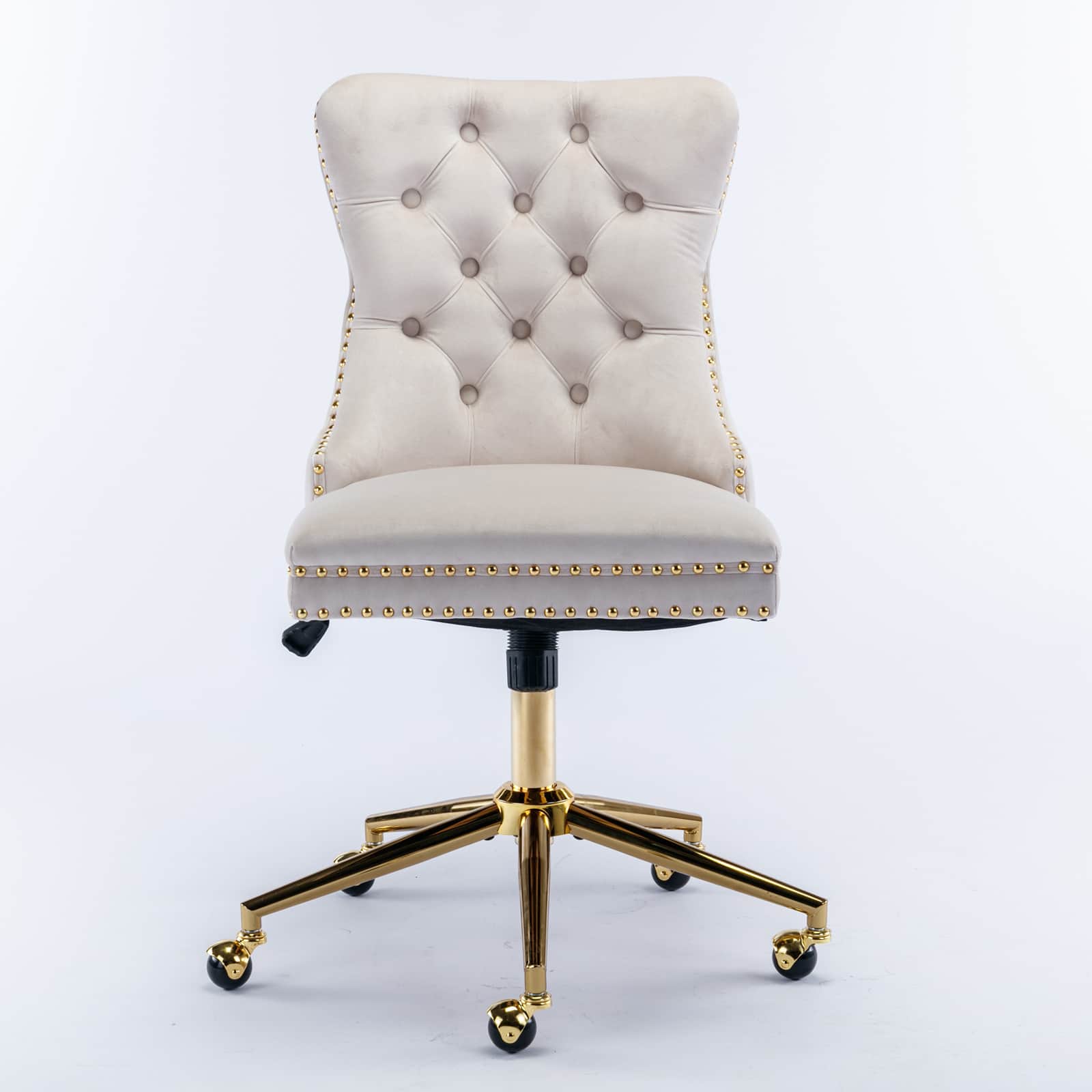 Spaco - Executive Office Velvet Chair with Tufted Button, Golden Metal Base, Adjustable Swivel, for Home Office - Beige