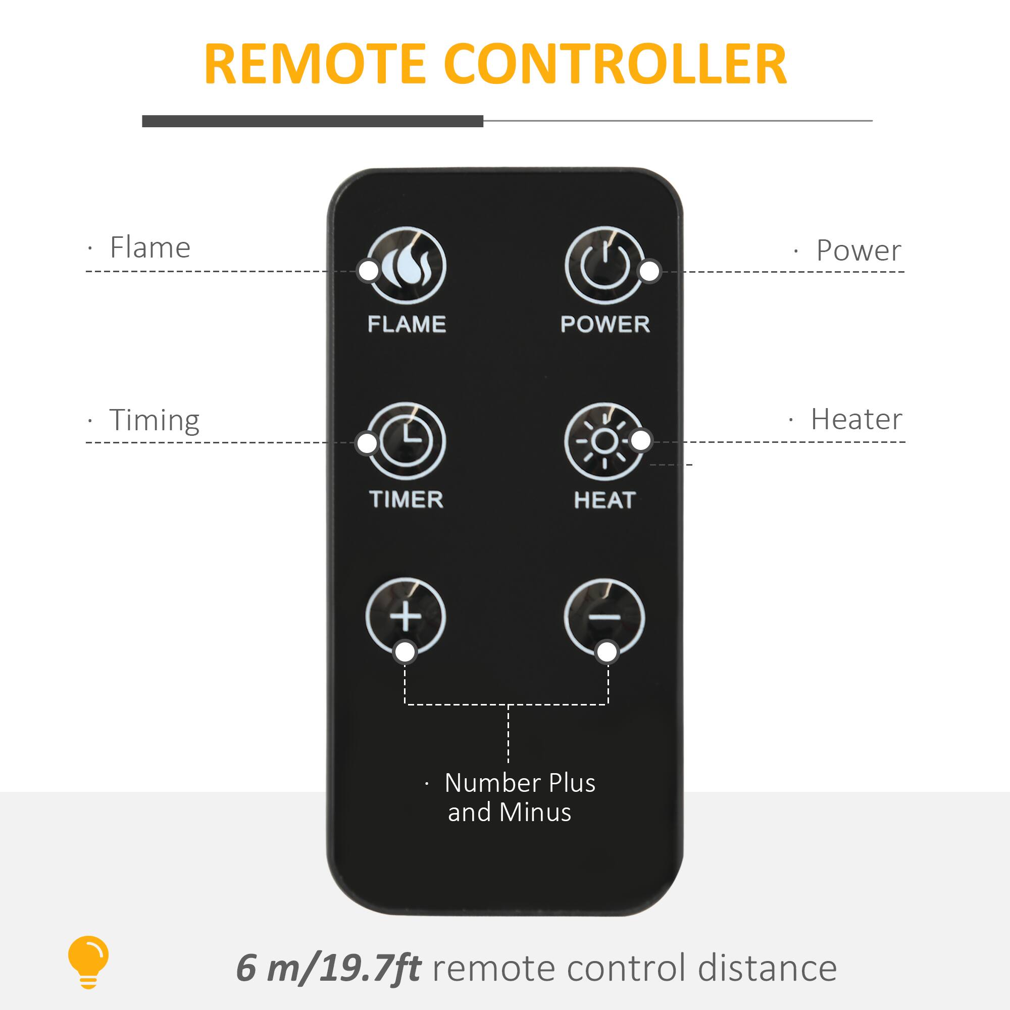 REMOTE CONTROLLER

- Flame
- Power
- Timing
- Heater
- Number Plus and Minus

6 m/19.7ft remote control distance