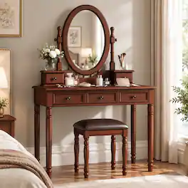 RYHNUYNE - Vintage Vanity Desk Set, Rubber Wood Makeup Table, Cushioned Stool, 5 Velvet-Lined Drawers, 180-Degree Mirror - Walnut