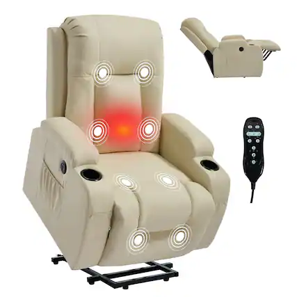 Front. Akoasm - PU Leather Recliner Massage Chair with 8-Point Vibratioand Lumbar Heating, USB Charging Port, Cup Holders-Beige - Beige.