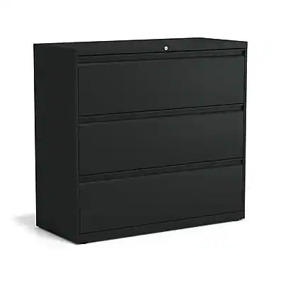 Front. Staples - HL8000 Commercial 3-Drawer Lateral File Cabinet, Locking, Letter/Legal, Black, 42"W (23202D) - Black.