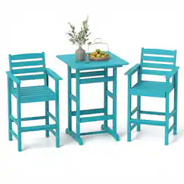 Costway - 3PCS Patio HDPE Bar Set with Square High-Top Table, Footrest & Backrest for Porch - Turquoise