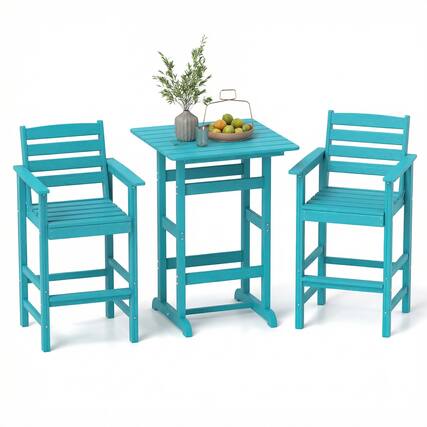 Front. Costway - Costway 3PCS Patio HDPE Bar Set with Square High-Top Table, Footrest & Backrest for Porch - Turquoise.