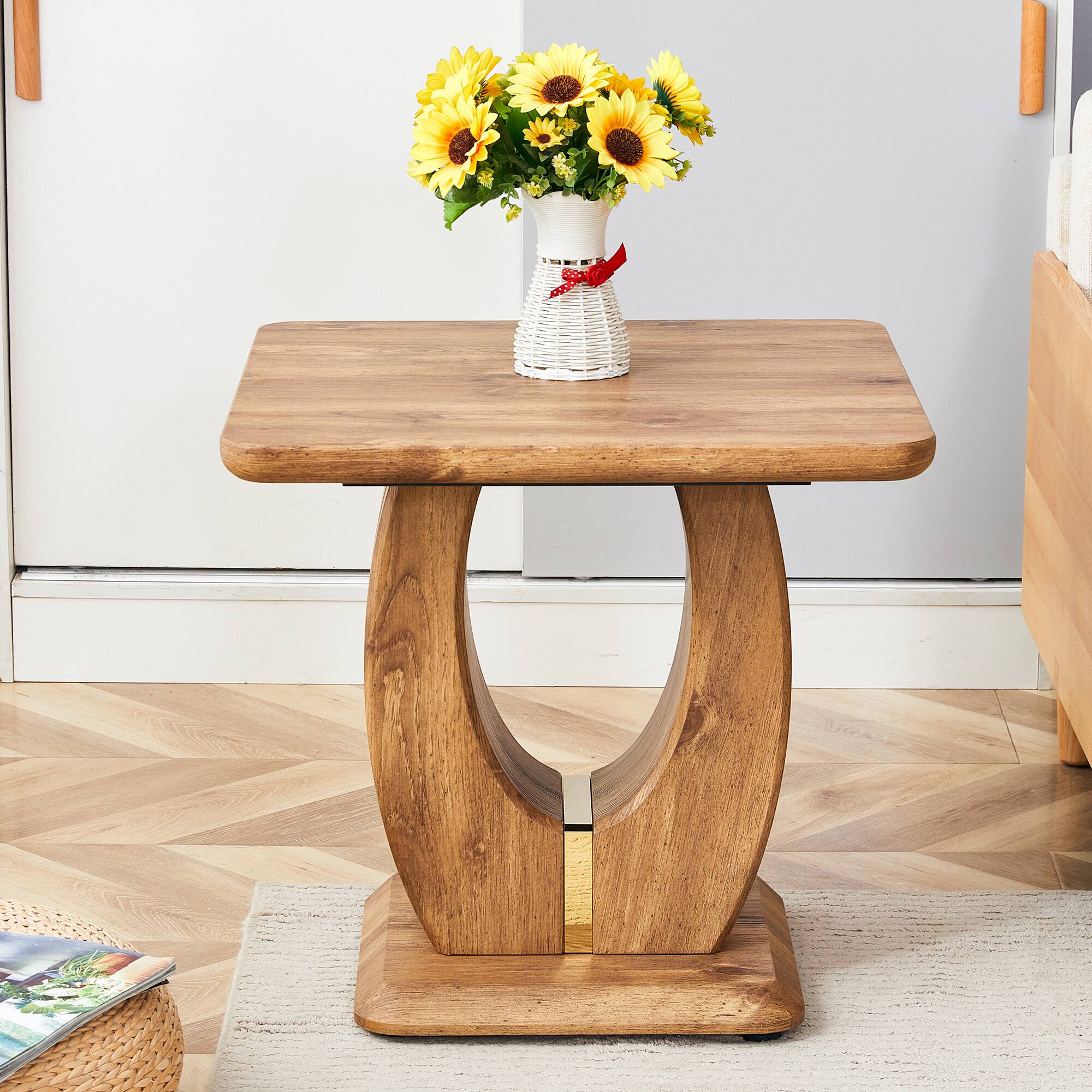 Left. APRILSOUL - Modern Minimalist Wood Texture Sticker-Patterned Plastic Square Coffee Table Wood Color Side Table - Brown.