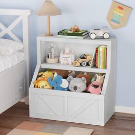 Babevy - Kids Bookshelf and Toy Storage, 2 Tier Toy Organizer with Cabinet, Toddler Bookcase for Playroom Bedroom - Vintage White