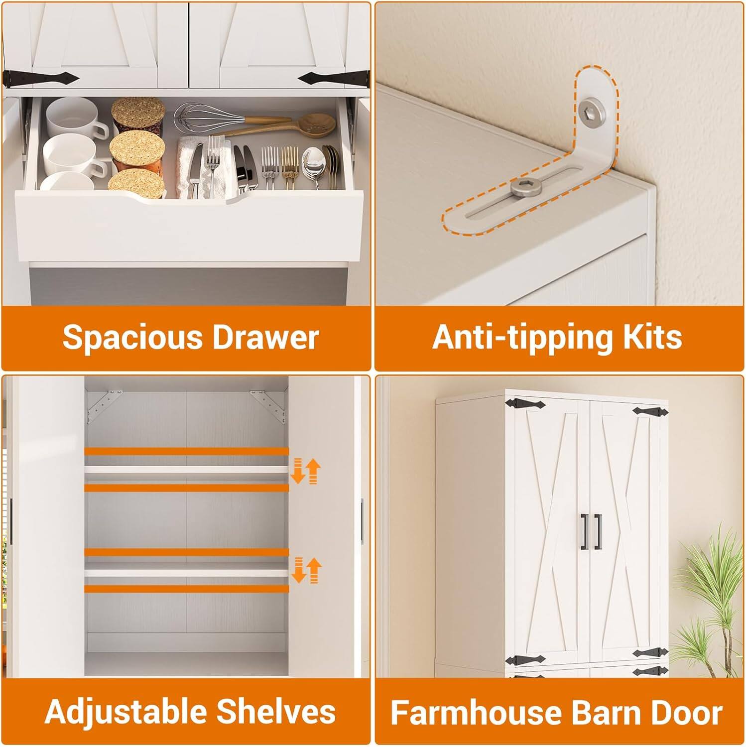- Spacious Drawer
- Anti-tipping Kits
- Adjustable Shelves
- Farmhouse Barn Door