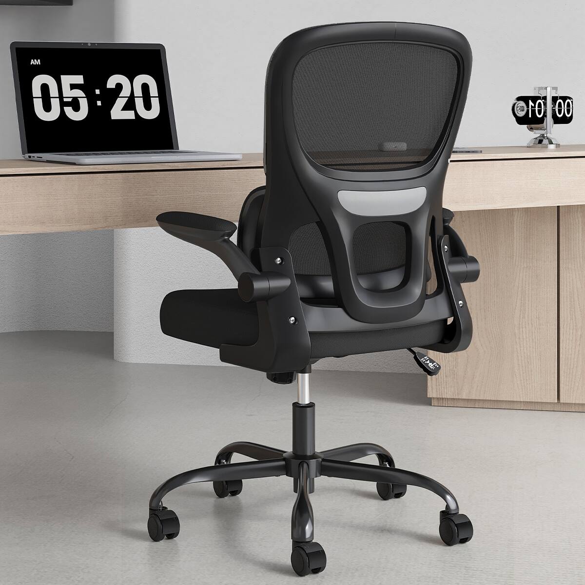Front. TinyHomie - Black  Black Mesh Ergonomic Office Chair Lumbar Support Flip Armrest - Black.