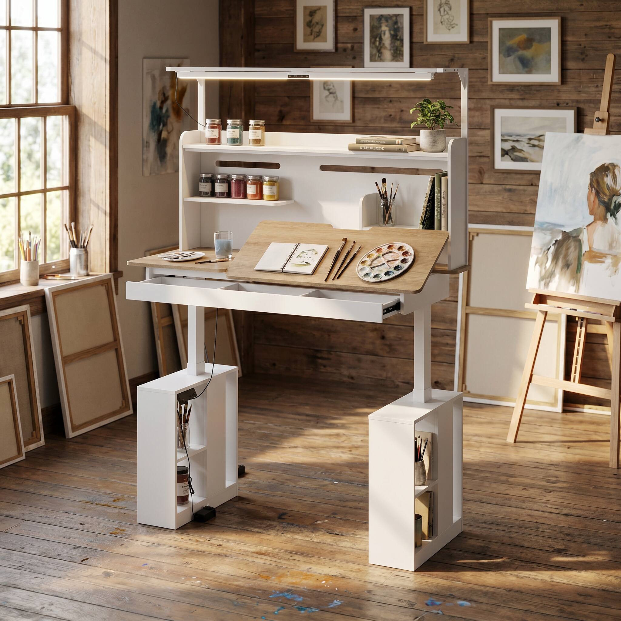 Alt View 2. Famapy - Electric Standing Desk with Flip-Up Desktop, LED Eye-Care Light, Storage, 170 LBS, 29.8"-45.3", Study Workstation - White & Wooden.