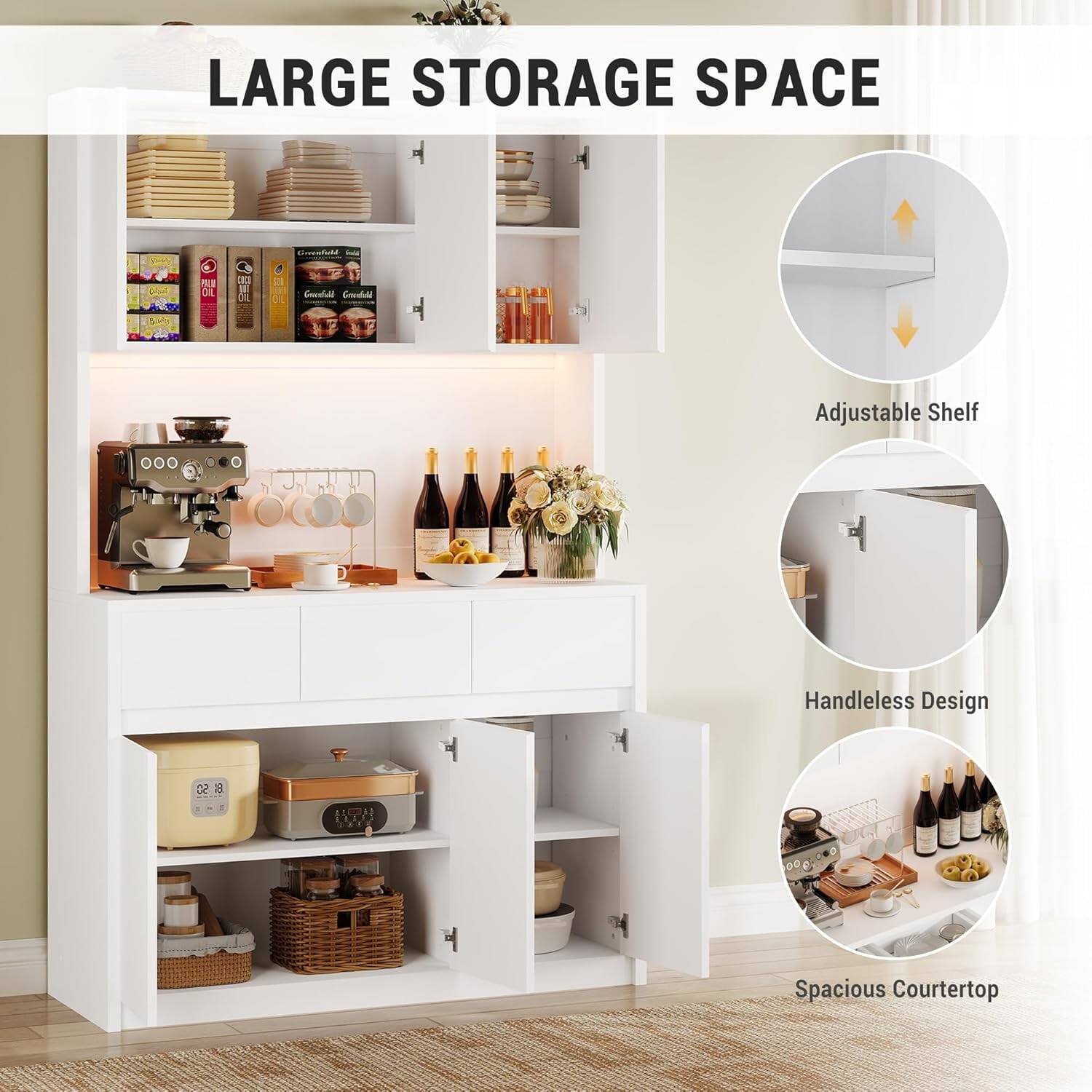 LARGE STORAGE SPACE

- Adjustable Shelf
- Handleless Design
- Spacious Courtertop