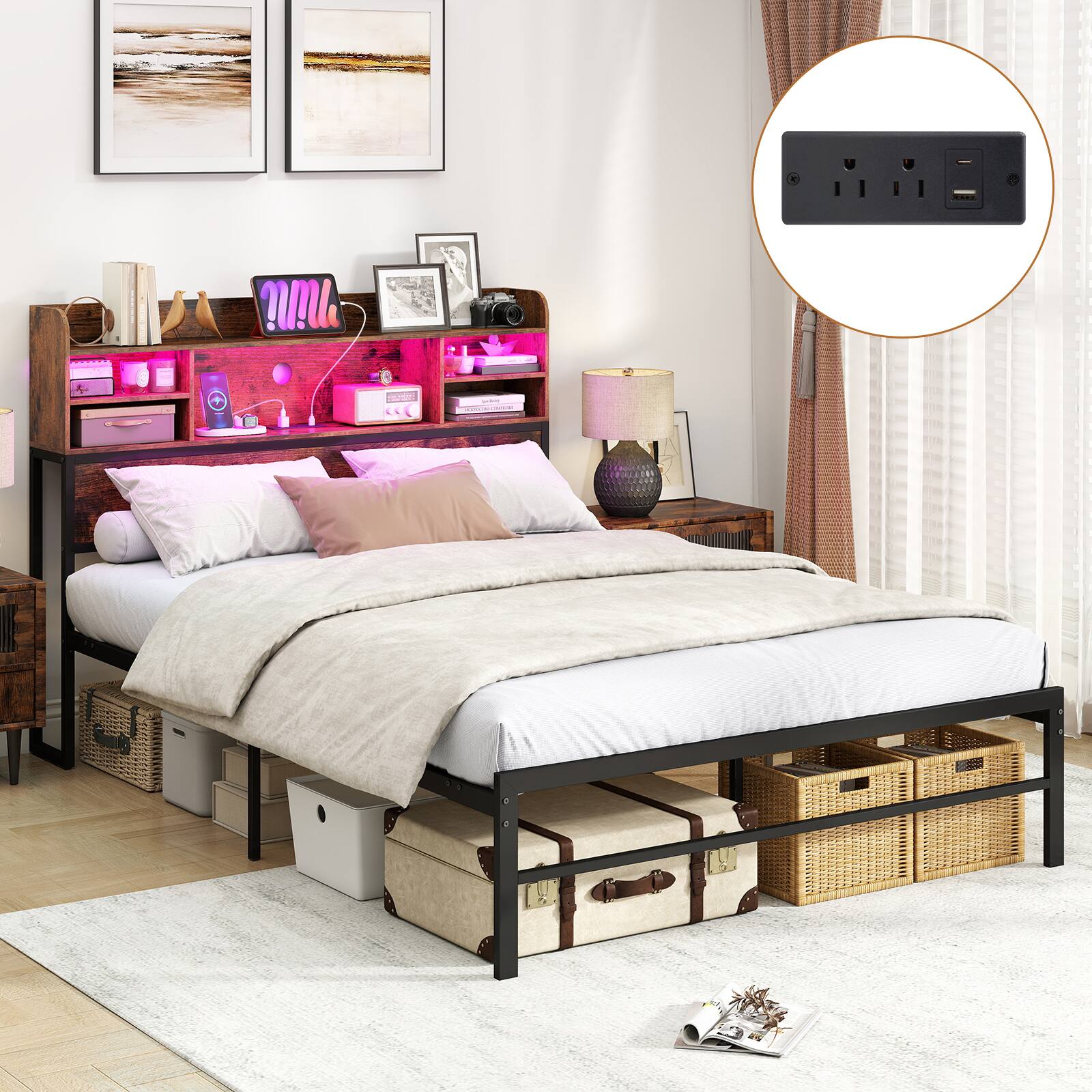 Alt View 1. Gymax - Gymax Full Size Bed Frame w/LED Lights&Charging Station Industrial Metal Platform Bed - Brown.