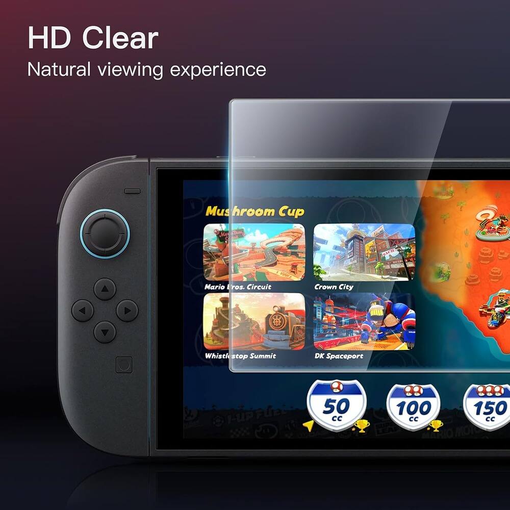 HD Clear  
Natural viewing experience  

Mushroom Cup  
- Mario Circuit  
- Crown City  
- Whistlstop Summit  
- DK Spaceport  

50 CC  
100 CC  
150 CC