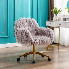 Trinkets Crazed - Faux Fur Home Office Chair Modern Faux Fur Accent Chair Furry Makeup Desk Chairs with Rolling Wheels Armrest - Gray