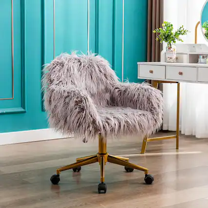 Front. Trinkets Crazed - Faux Fur Home Office Chair Modern Faux Fur Accent Chair Furry Makeup Desk Chairs with Rolling Wheels Armrest - gray.