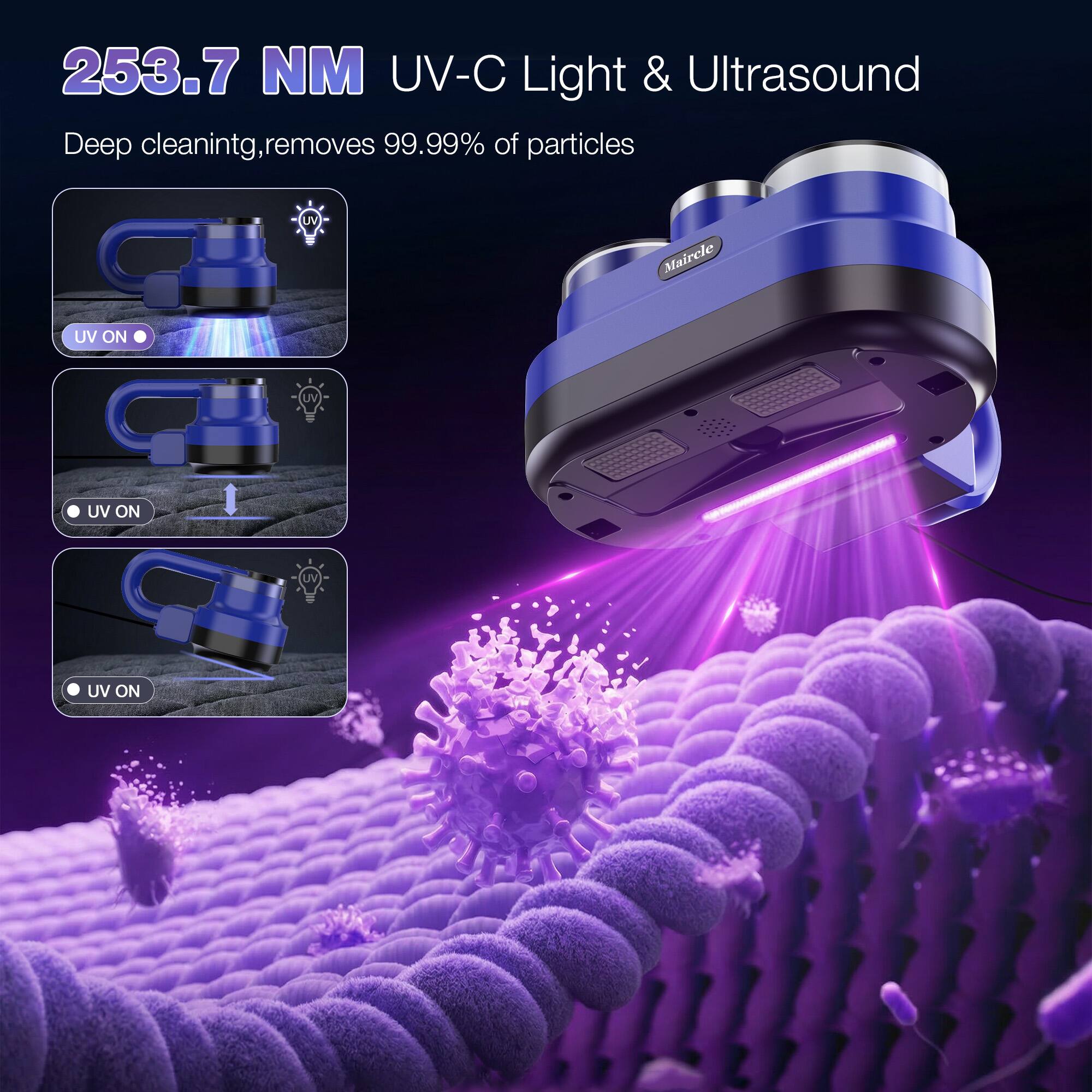 253.7 NM UV-C Light & Ultrasound  
Deep cleaning, removes 99.99% of particles  

UV ON  
UV ON  
UV ON