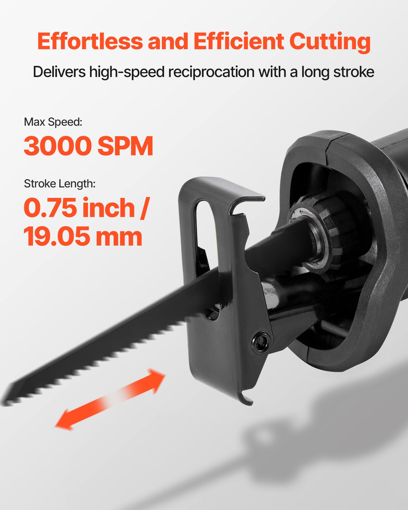 Effortless and Efficient Cutting  
Delivers high-speed reciprocation with a long stroke  

Max Speed: 3000 SPM  
Stroke Length: 0.75 inch / 19.05 mm