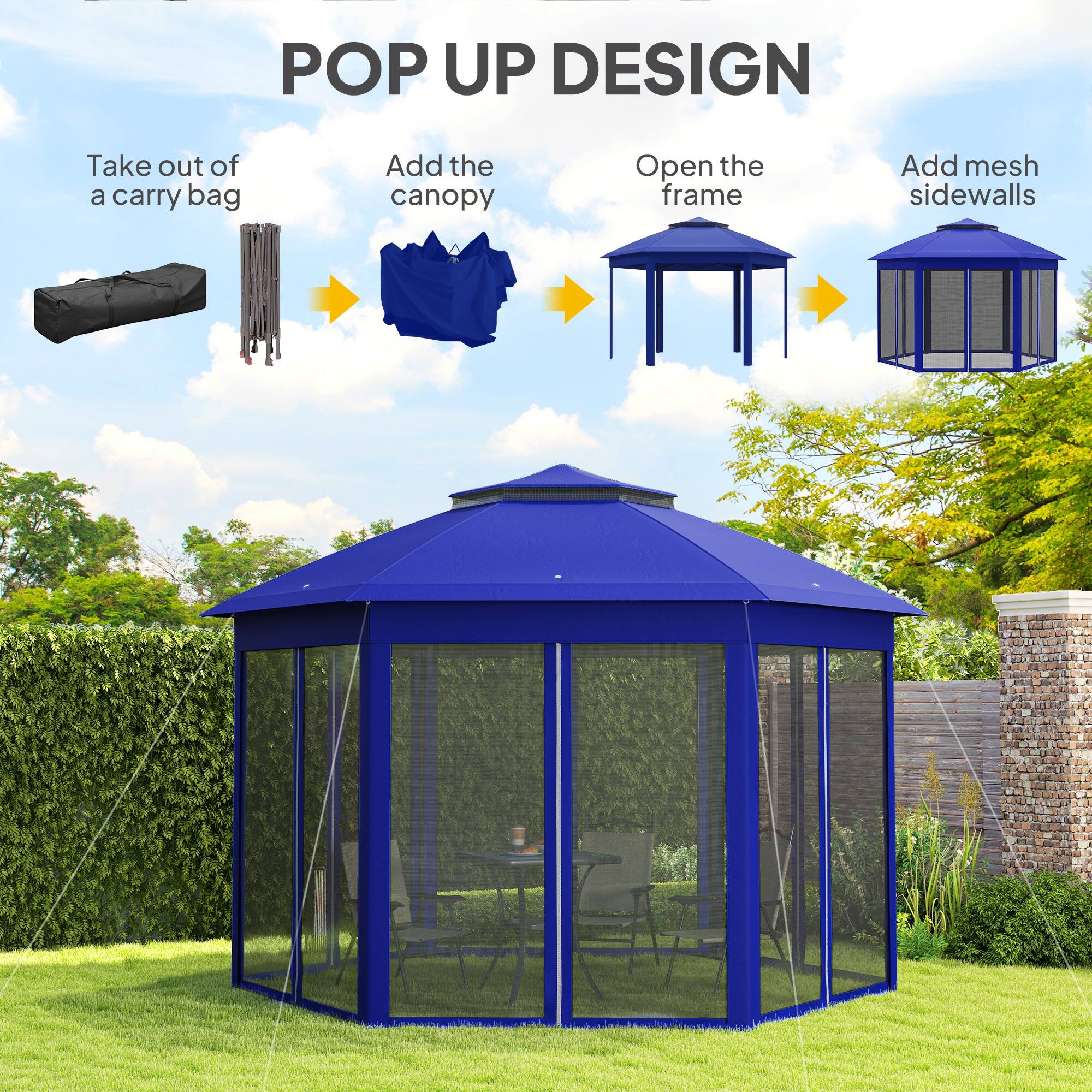 POP UP DESIGN

Take out of a carry bag
Add the canopy
Open the frame
Add mesh sidewalls